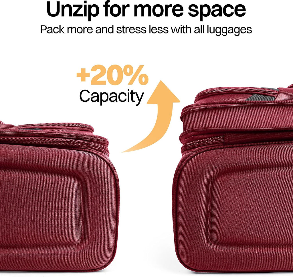 3-Piece Softside Expandable Luggage Set with Front Open Pocket,Lightweight Durable Suitcase Sets Double Spinner Wheels & w/LOCK（Burgundy-Grey,20in/24in/28in）