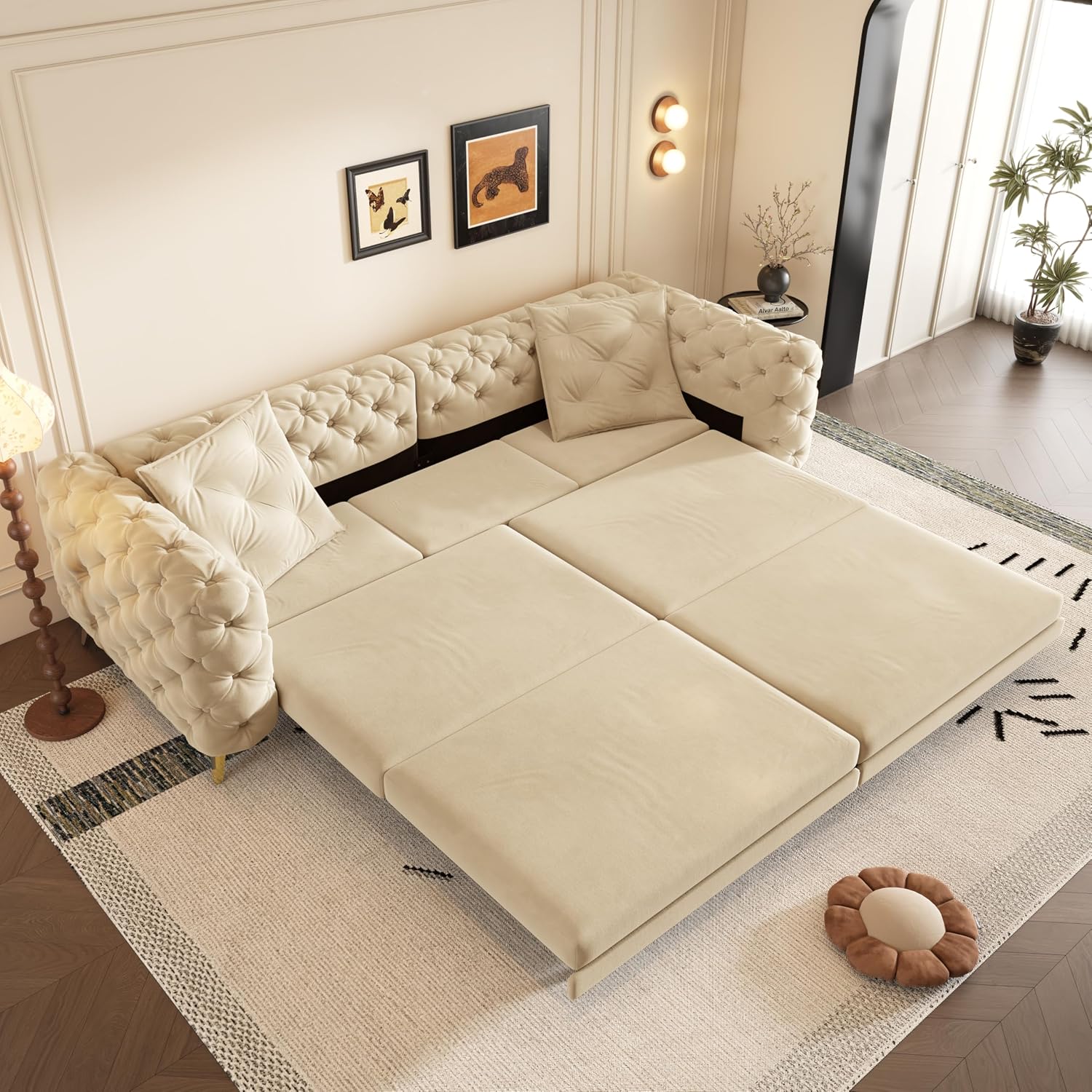 WILLIAMSPACE 97.7' 3-in-1 Convertible Sleeper Sofa Bed, Modern Button Tufted 28.4' Deep Seat Pull Out Couch Bed with Movable Ottoman, Multi-Functional 4-Seater Couch for Living Room, Velvet - Apricot