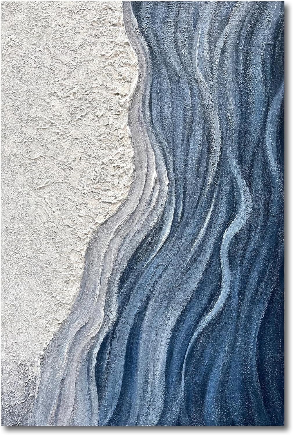 Art 60x40 inches Hand-Painted Blue and White Textured Art Oil Painting - Modern Abstract sea Wave Landscape Art - Large Wall Decoration Suitable for Home Office Decoration