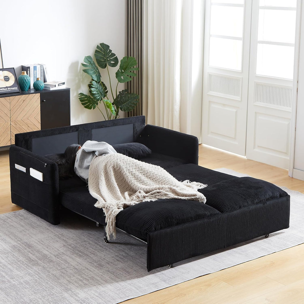 WILLIAMSPACE 64.5' Pull Out Sofa Bed, 3-in-1 Adjustable Sleeper Sofa Couch with Side Storage, Convertible Loveseat Sofa Bed Pull Out Couch for Living Room, Apartment, Corduroy, Black