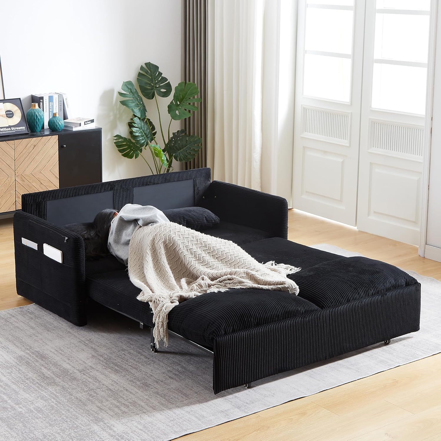 WILLIAMSPACE 64.5' Pull Out Sofa Bed, 3-in-1 Adjustable Sleeper Sofa Couch with Side Storage, Convertible Loveseat Sofa Bed Pull Out Couch for Living Room, Apartment, Corduroy, Black