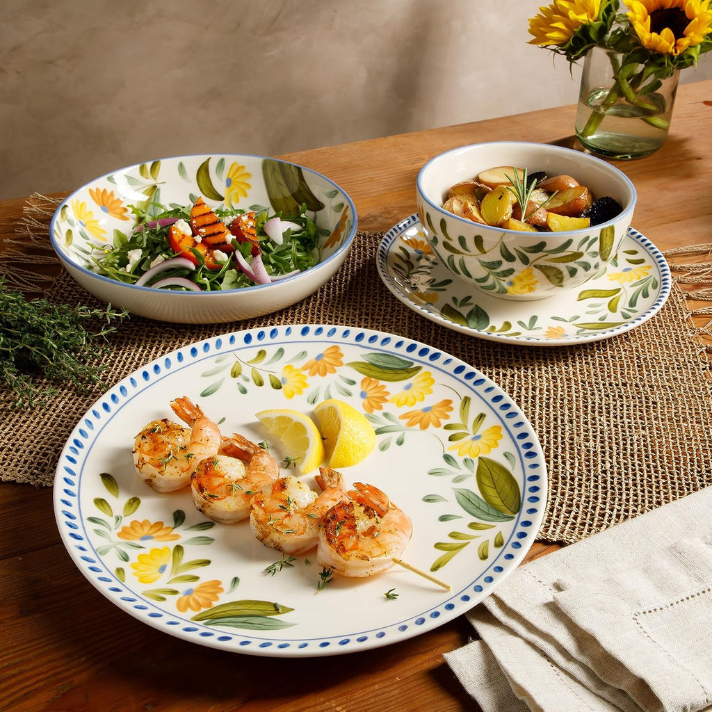 Bloomhouse - Two Time Oprah's Favorite Things Winner - Posy Blossom Double Bowl Hand Painted Stoneware Plates and Bowls Floral Dinnerware Set, Service for Four (16pcs)