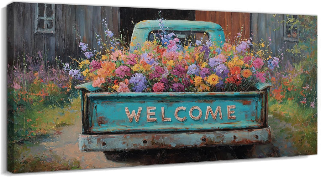TIMUBA Country Farmhouse Truck Wall Art, Spring Farmhouse Canvas Art Prints, Welcome Sign Blue Retro Truck Pictures Wall Decor, Colorful Rustic Spring Flower Painting Artwork for Bedroom 60x30 Inches