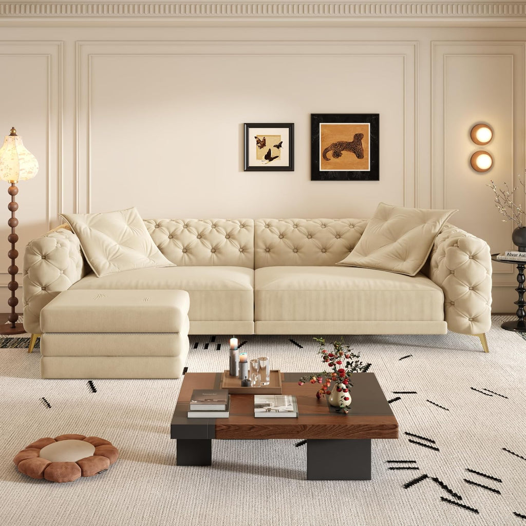 WILLIAMSPACE 97.7' 3-in-1 Convertible Sleeper Sofa Bed, Modern Button Tufted 28.4' Deep Seat Pull Out Couch Bed with Movable Ottoman, Multi-Functional 4-Seater Couch for Living Room, Velvet - Apricot