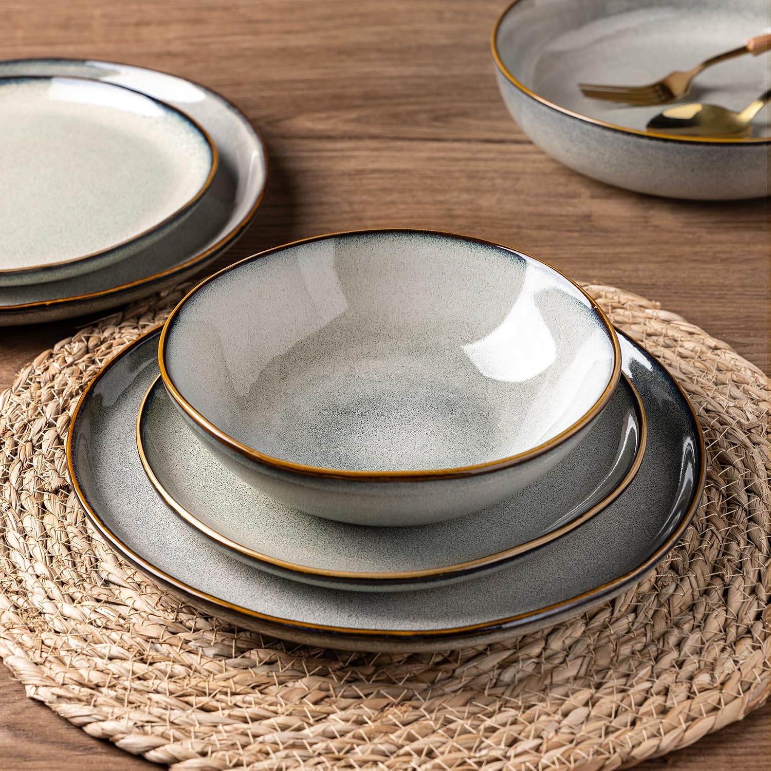 AmorArc Ceramic Dinnerware Sets,Handmade Reactive Glaze Stoneware Plates and Bowls Sets,Highly Scratch Resistant | Dishwasher & Microwave Safe Dishes Set,Service for 6 (18pc)