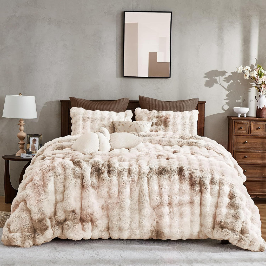 Wonderful 3 Pieces Fluffy Faux Rabbit Fur Bubble Comforter Set King Size, Tie-Dyeing Beige Plush Fuzzy Bedding Set, Warm Soft Bubble Comforter Bedding Set for Winter