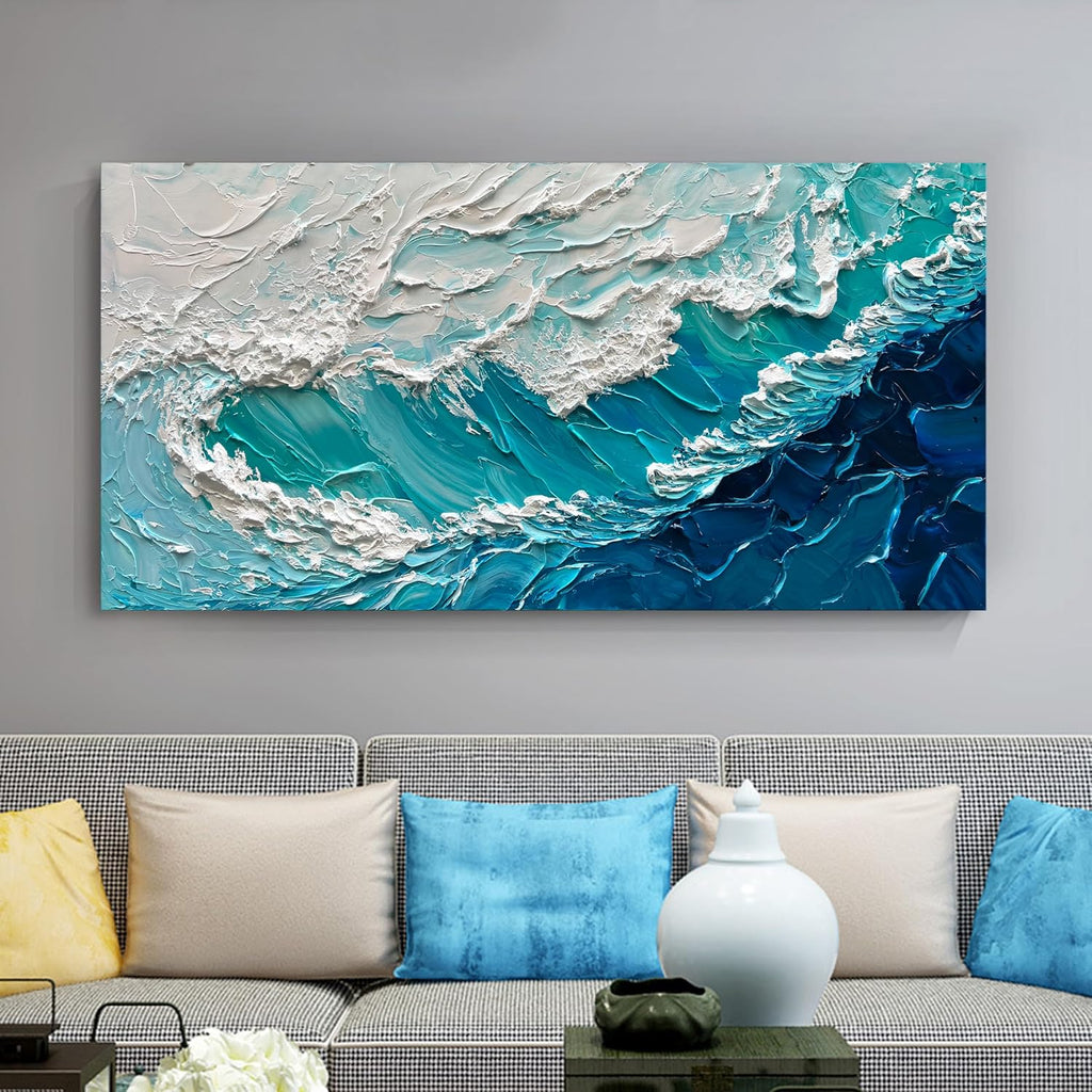NANKAI 24x48 Inches Blue Thick Texture Abstract Oil Painting Hand-Painted Ocean Landscape Oil Painting Home Wall Art Deco