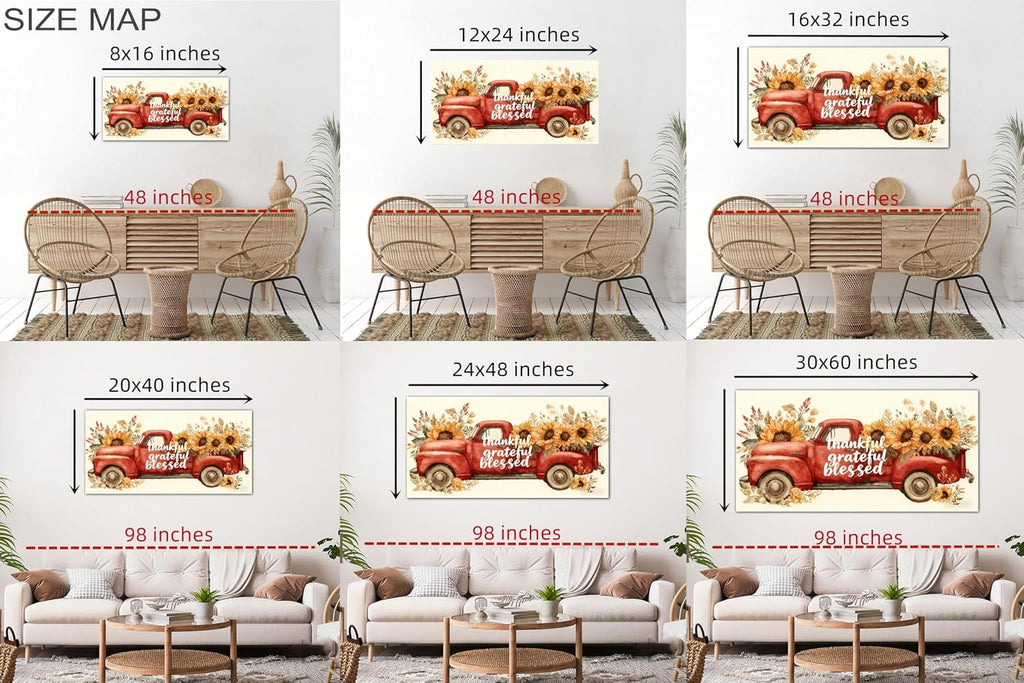 TIMUBA Farmhouse Truck Wall Art, Country Red Truck Sunflower Floral Canvas Wall Decor, Vintage Truck Sunflower Painting Pictures, Rustic Old Car Artwork Prints for Home Farm Decorations 60x30 Inches