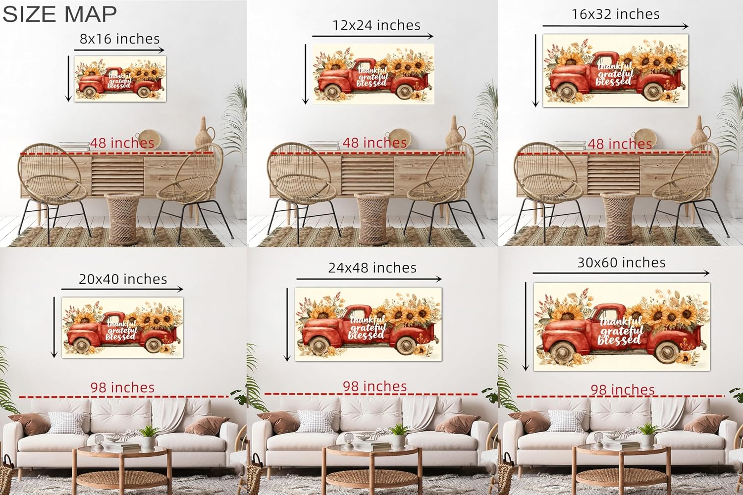 TIMUBA Farmhouse Truck Wall Art, Country Red Truck Sunflower Floral Canvas Wall Decor, Vintage Truck Sunflower Painting Pictures, Rustic Old Car Artwork Prints for Home Farm Decorations 60x30 Inches
