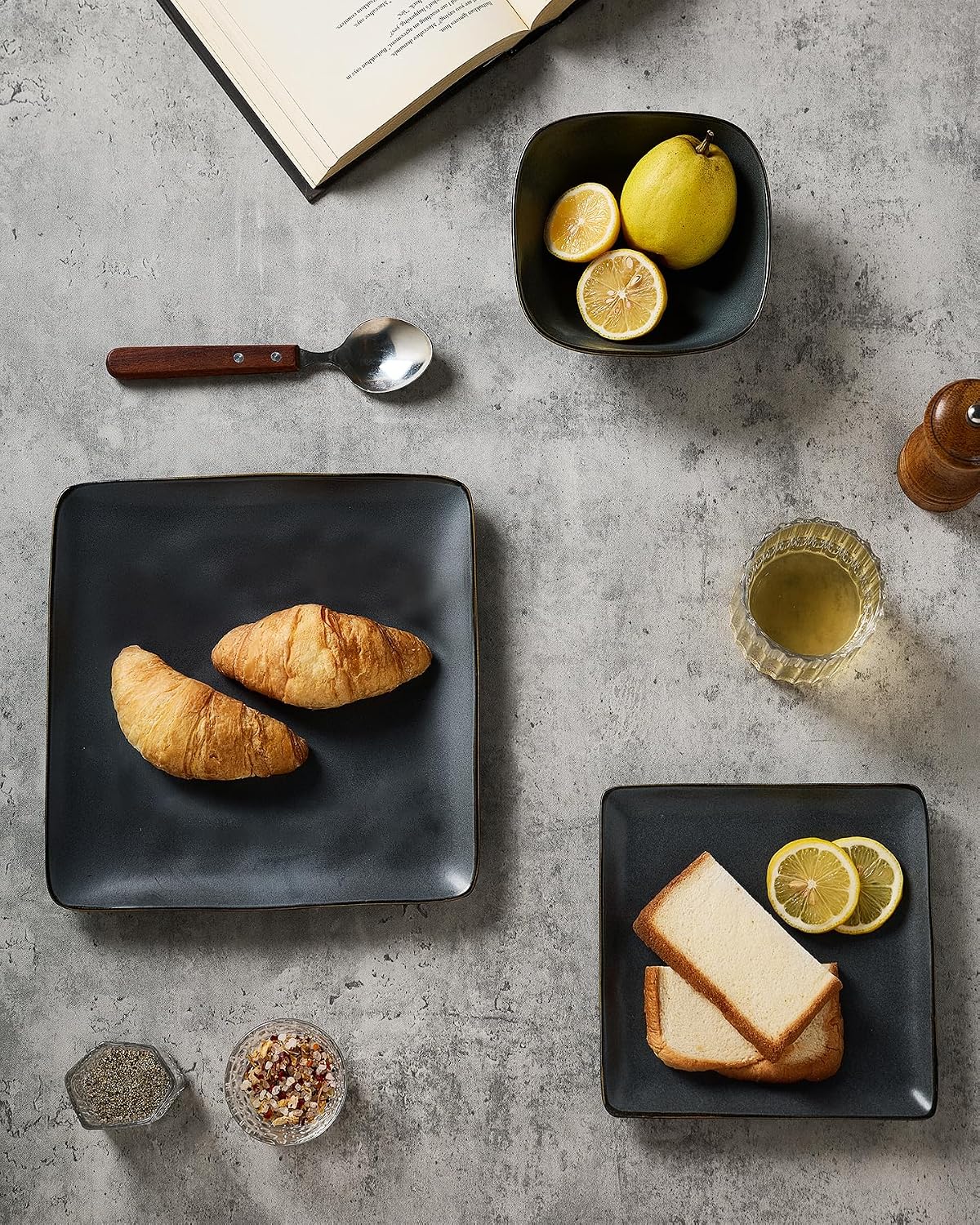 Famiware Stoneware Dinnerware Sets for 6, Ocean Square 18-Piece Kitchen Plates and Bowls Sets, Microwave and Dishwasher Safe, Scratch Resistant, Matte Dark Charcoal