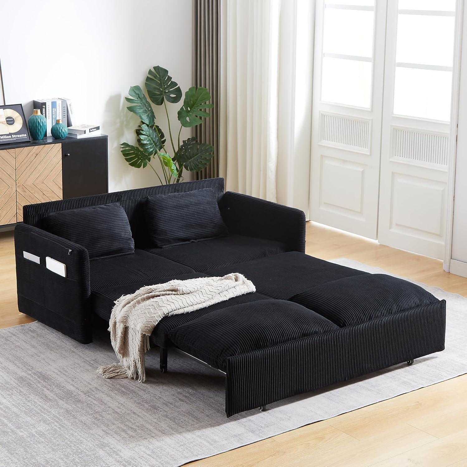 WILLIAMSPACE 64.5' Pull Out Sofa Bed, 3-in-1 Adjustable Sleeper Sofa Couch with Side Storage, Convertible Loveseat Sofa Bed Pull Out Couch for Living Room, Apartment, Corduroy, Black