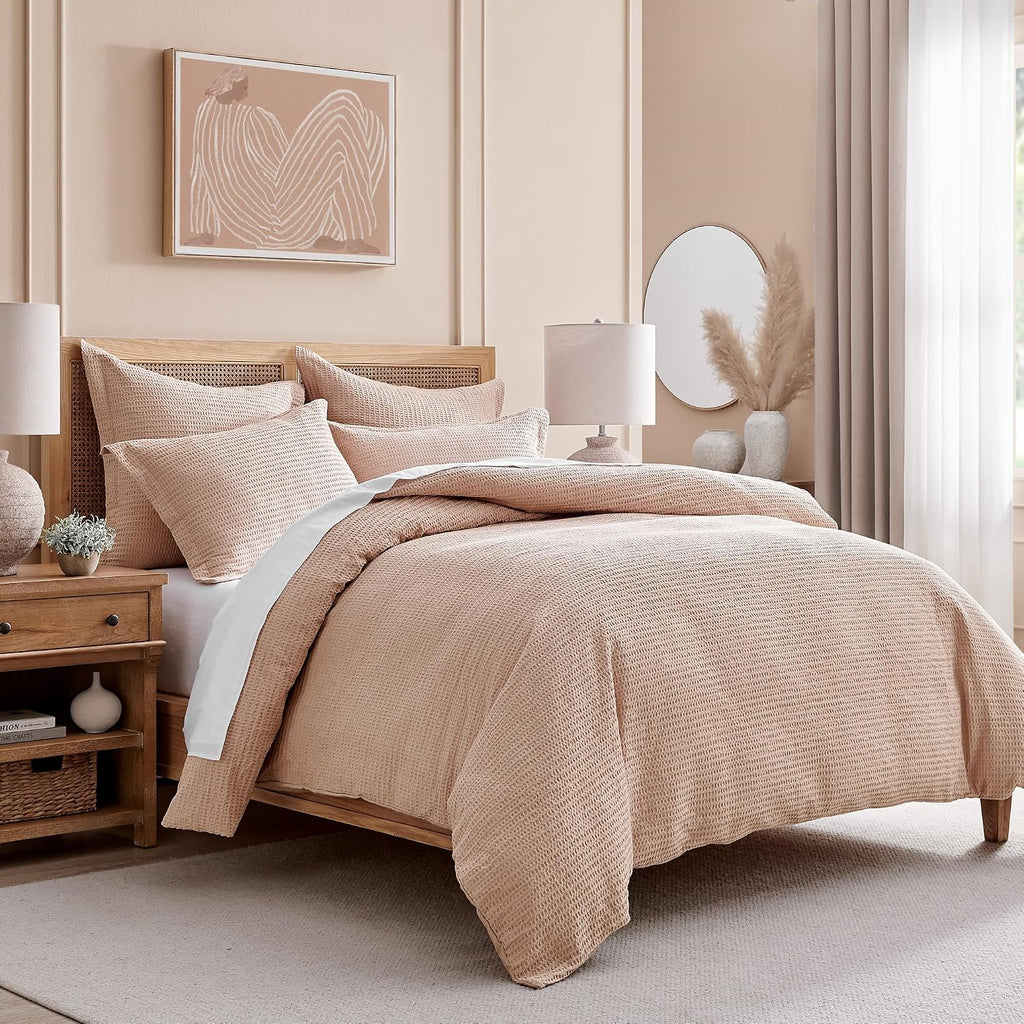 Levtex Home Cloud Waffle Queen Duvet Cover Set (90x94in) with 2 Pillow Shams (26x20in) - Solid Waffle Cotton Texture - Blush - 100% Cotton Queen Size Duvet Cover Set - Soft, Pre-Washed