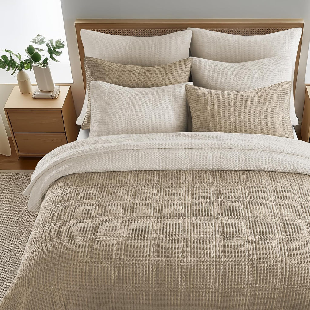 Levtex Home Cloud Waffle Full/Queen Quilt Set (88x92in) and 2 Pillow Shams (26x20) - Box Quilted Waffle Texture - Undyed Cream - Cotton Full/Queen Size Quilt Bedding Set - Lightweight Soft Pre-Washed