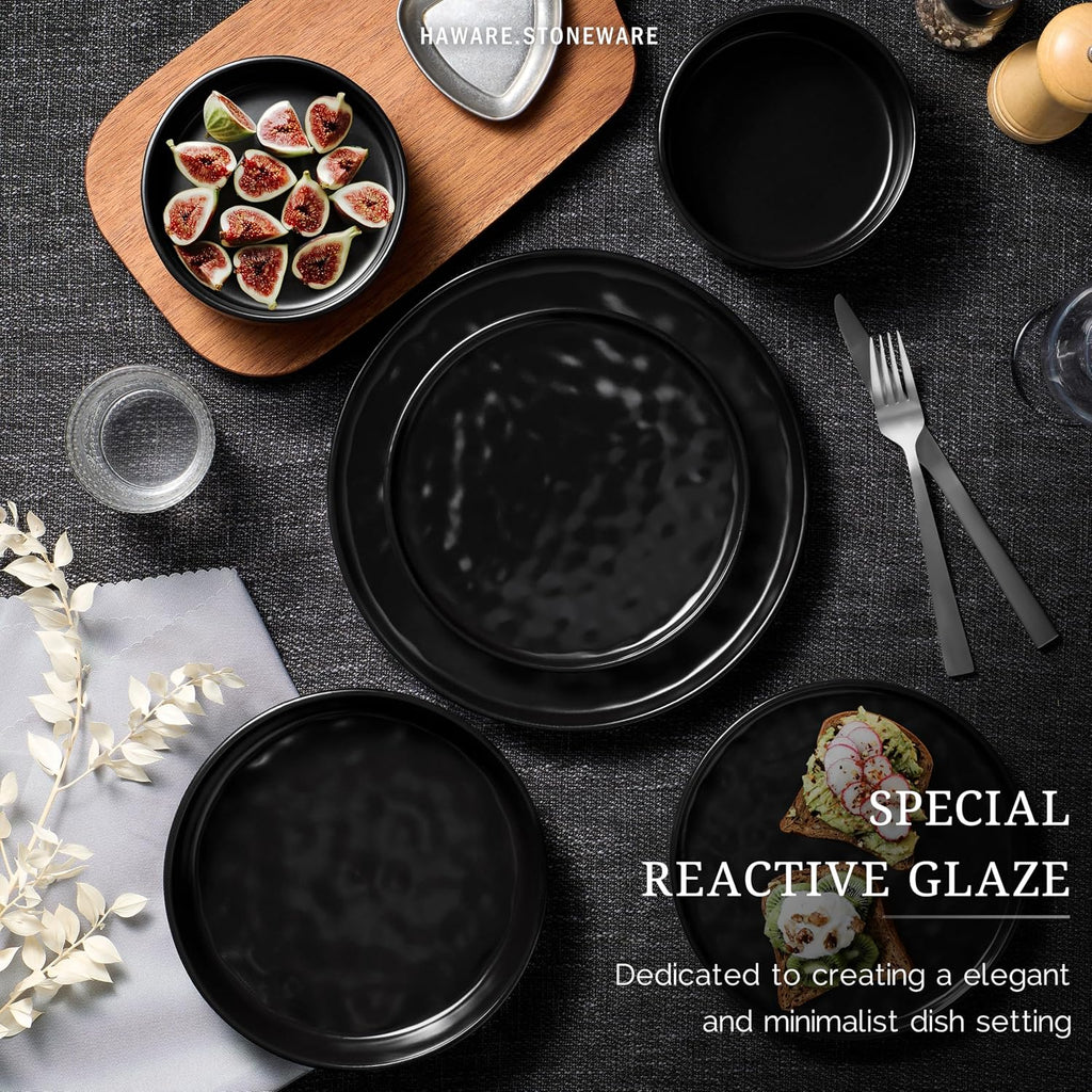 HaWare Dinnerware Sets, 24-Piece Plates and Bowls Set, Stoneware Dish Set for 8, Ceramic Dinnerware for Home Restaurant, Chip and Scratch Resistant, Microwave and Dishwasher Safe, Matte Black