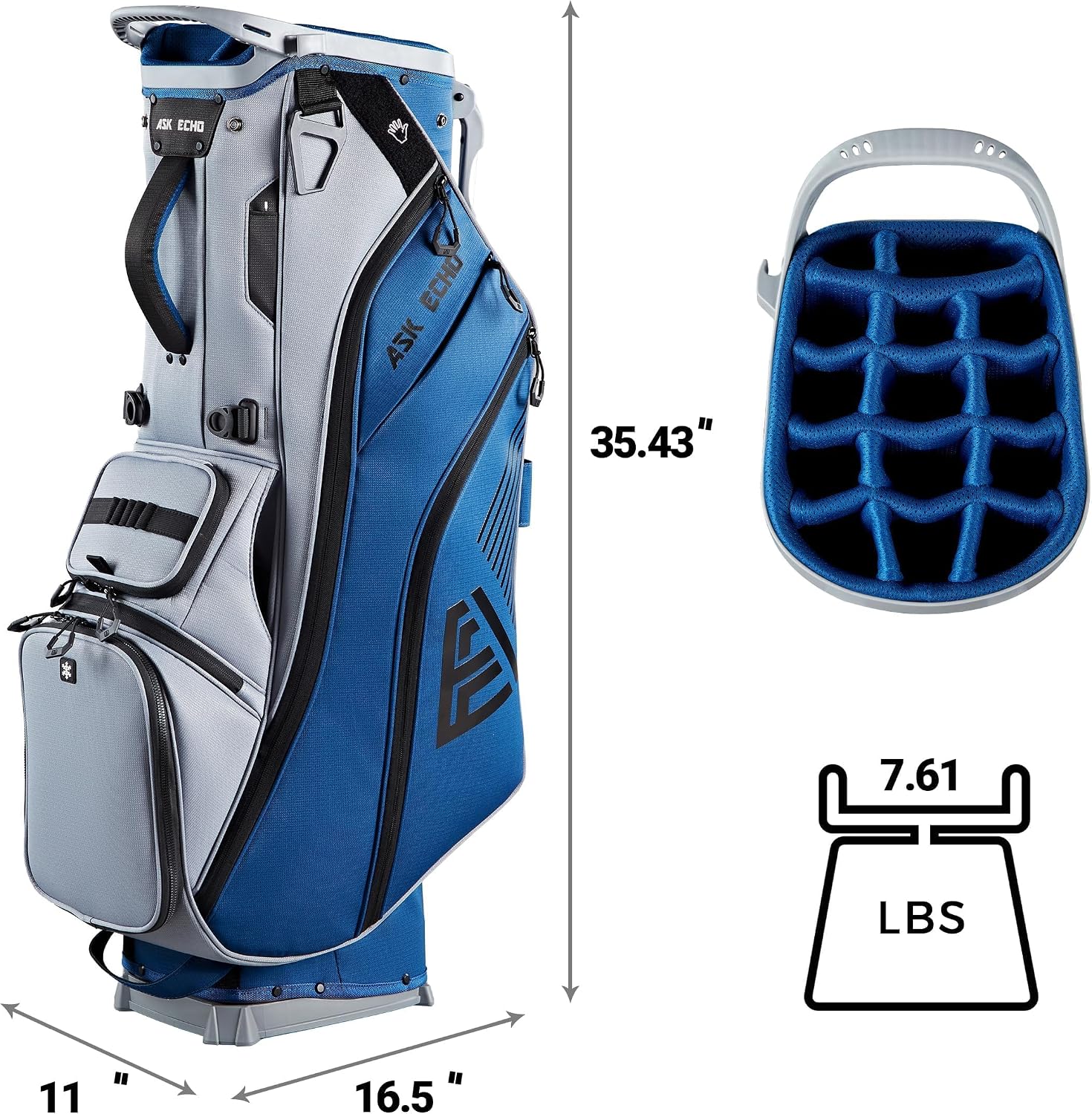 ASK ECHO Golf ST-14 Hybrid Stand Bag with 14 Way Full Length Dividers & Quick Putter Clip