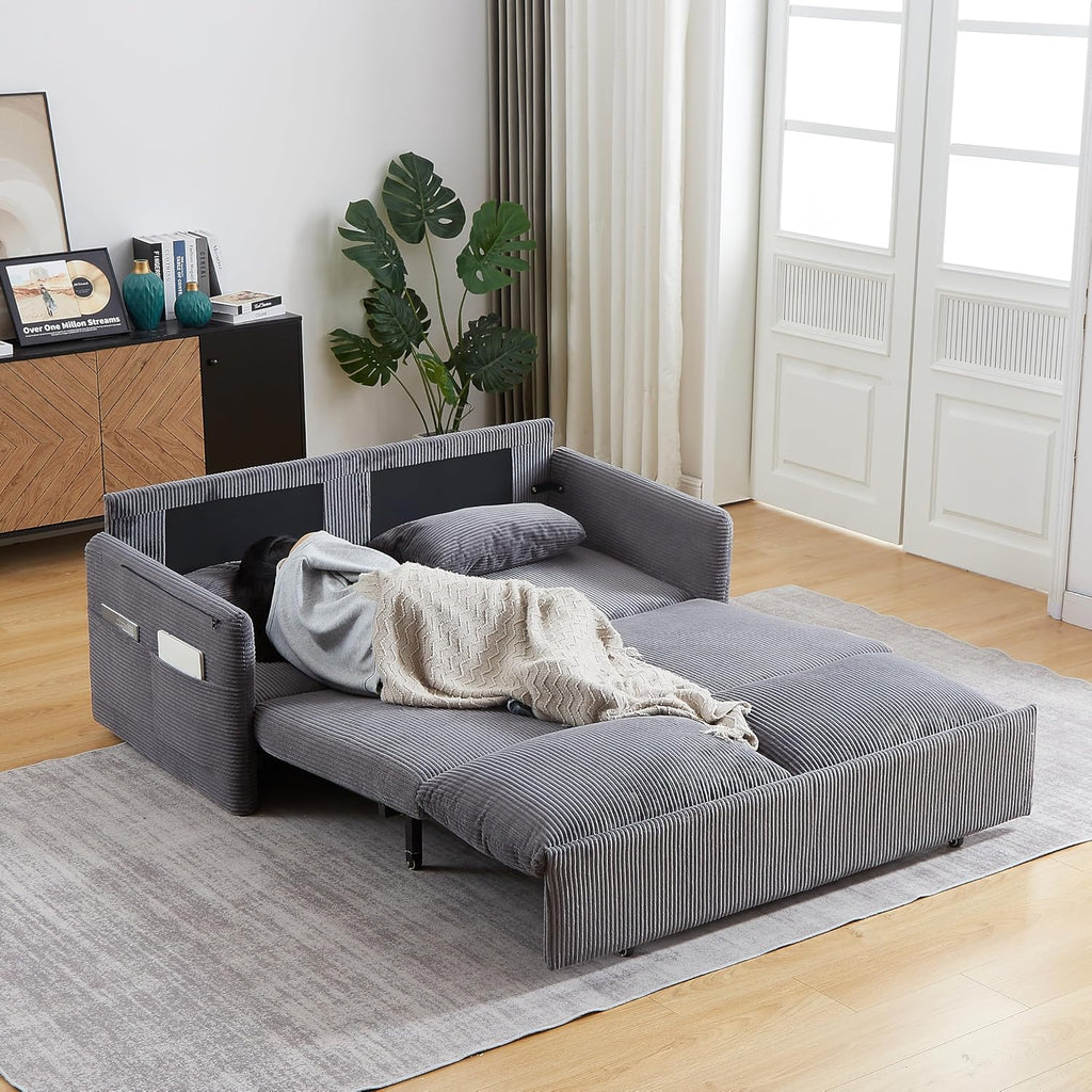 WILLIAMSPACE 64.5' Pull Out Sofa Bed, 3-in-1 Adjustable Sleeper Sofa Couch with Side Storage, Convertible Loveseat Sofa Bed Pull Out Couch for Living Room, Apartment, Corduroy, Gray