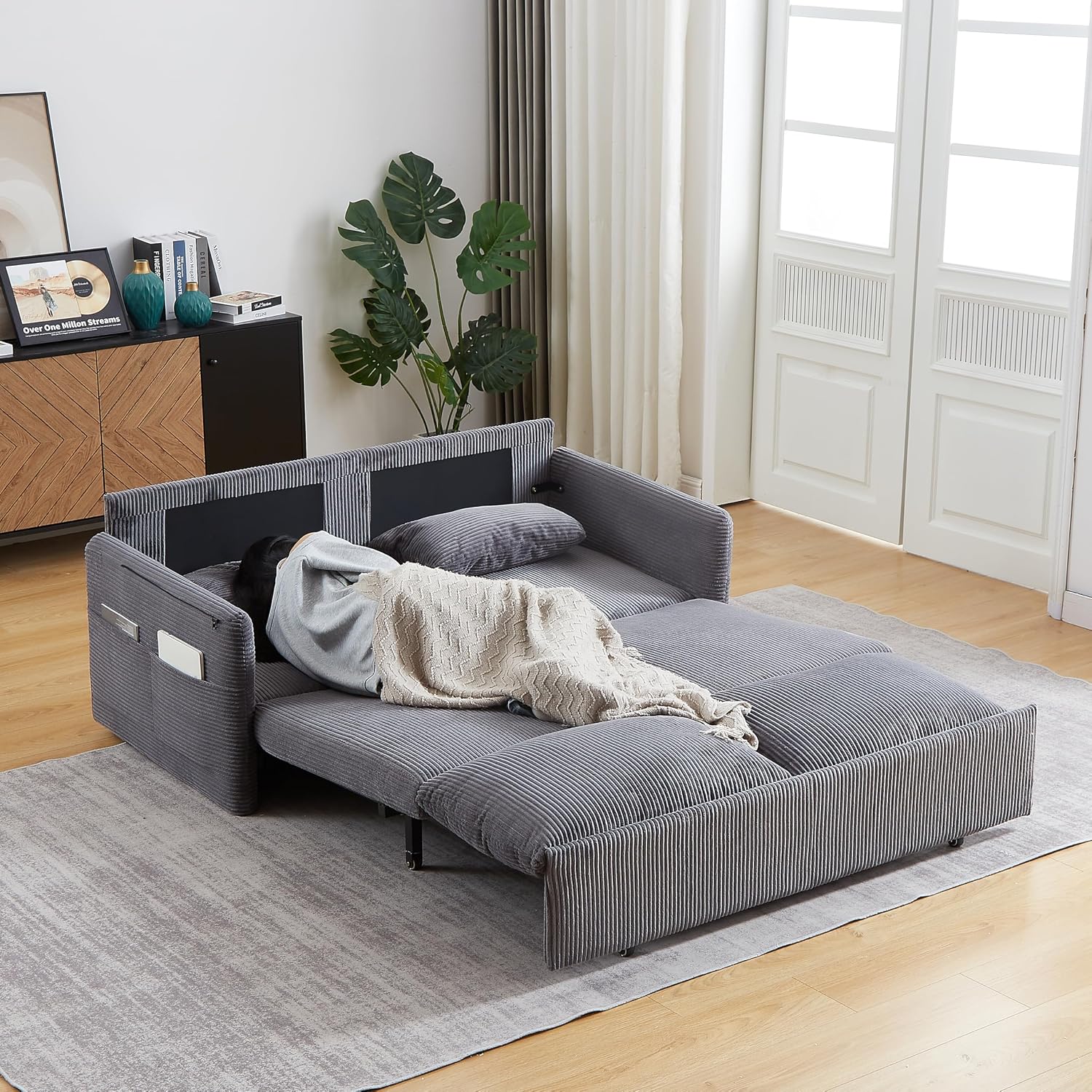 WILLIAMSPACE 64.5' Pull Out Sofa Bed, 3-in-1 Adjustable Sleeper Sofa Couch with Side Storage, Convertible Loveseat Sofa Bed Pull Out Couch for Living Room, Apartment, Corduroy, Gray