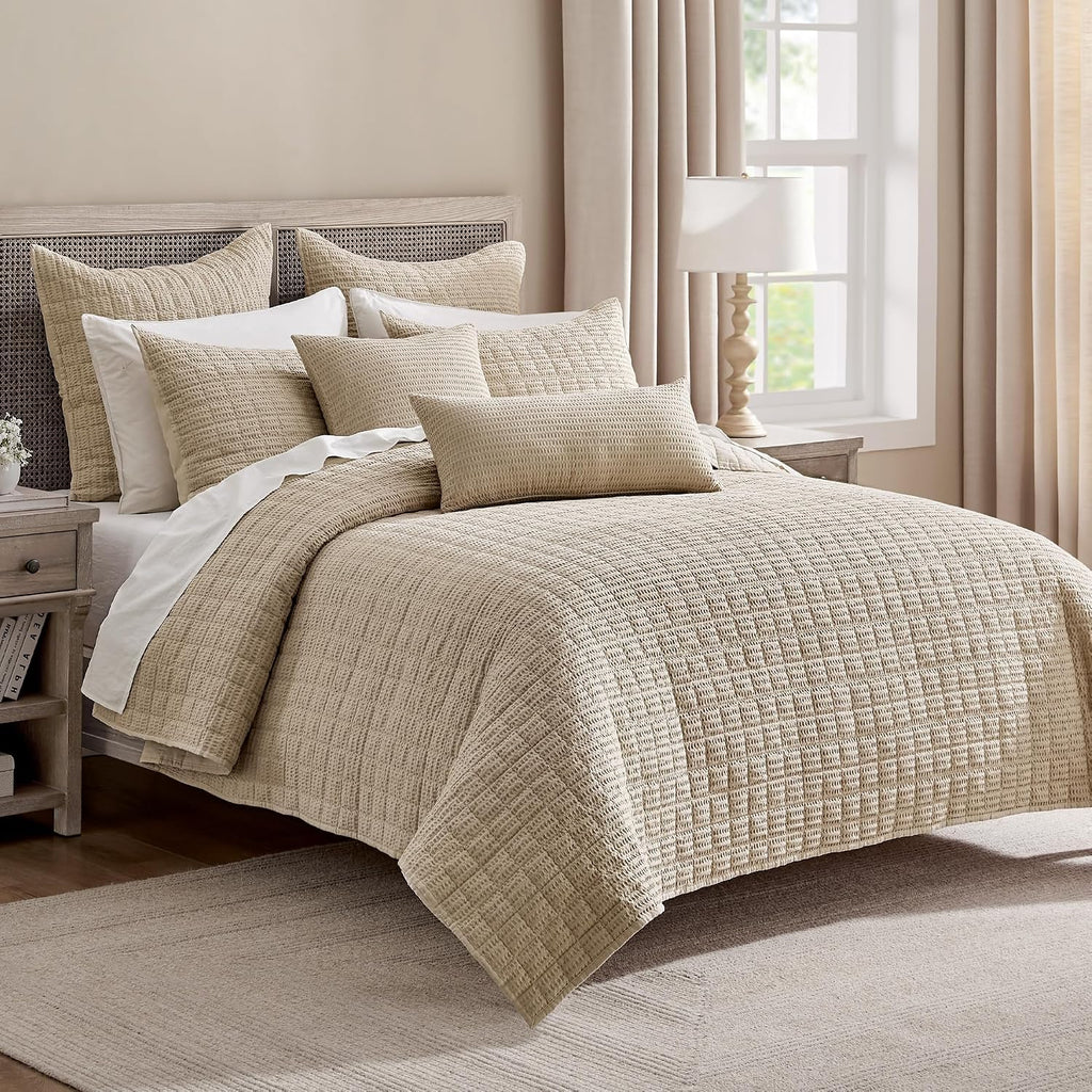 Levtex Home Cloud Waffle Full/Queen Quilt Set (88x92in) and 2 Pillow Shams (26x20in) - Box Quilted Waffle Texture - Flax Beige - Cotton Full/Queen Size Quilt Bedding Set - Lightweight Soft Pre-Washed | Textured