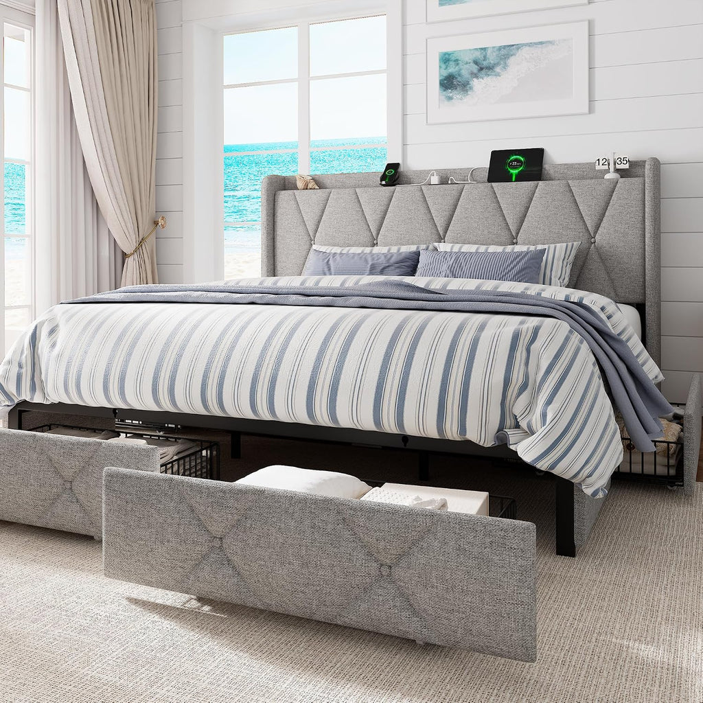 GalnFu King Size Bed Frame with 4 Storage Drawers, Upholstered Platform Bed with Charging Station, Modern Wingback Storage Headboard, Easy Assembly,Noise-Free, Light Gray
