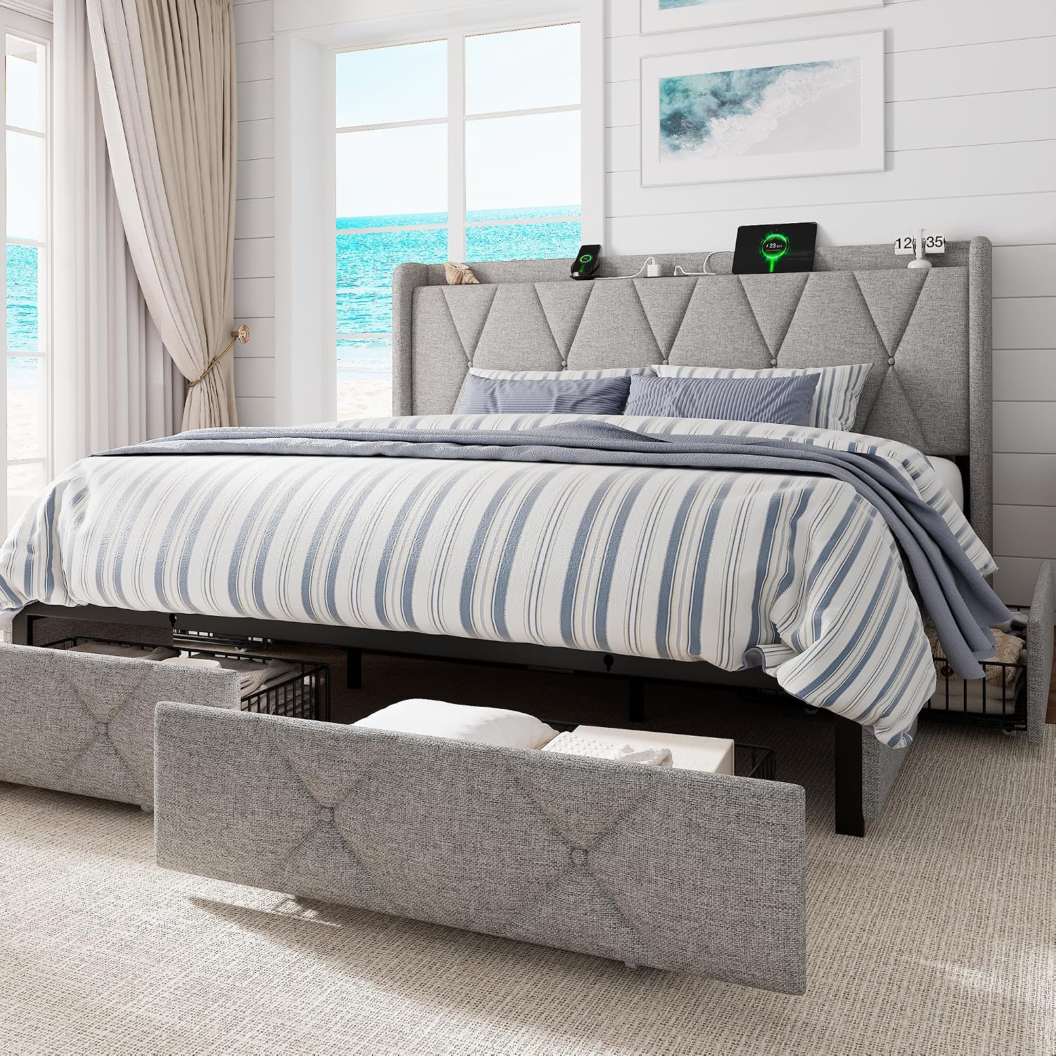 GalnFu King Size Bed Frame with 4 Storage Drawers, Upholstered Platform Bed with Charging Station, Modern Wingback Storage Headboard, Easy Assembly,Noise-Free, Light Gray