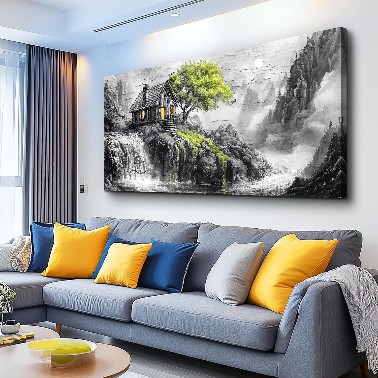 ERQINHUA Large Canvas Wall Art For Living Room Large Wall Decor For Bedroom Office Black And White Wall Painting Decor Green Tree Landscape Picture Artwork Modern Home Decor Ready To Hang 30'X60'