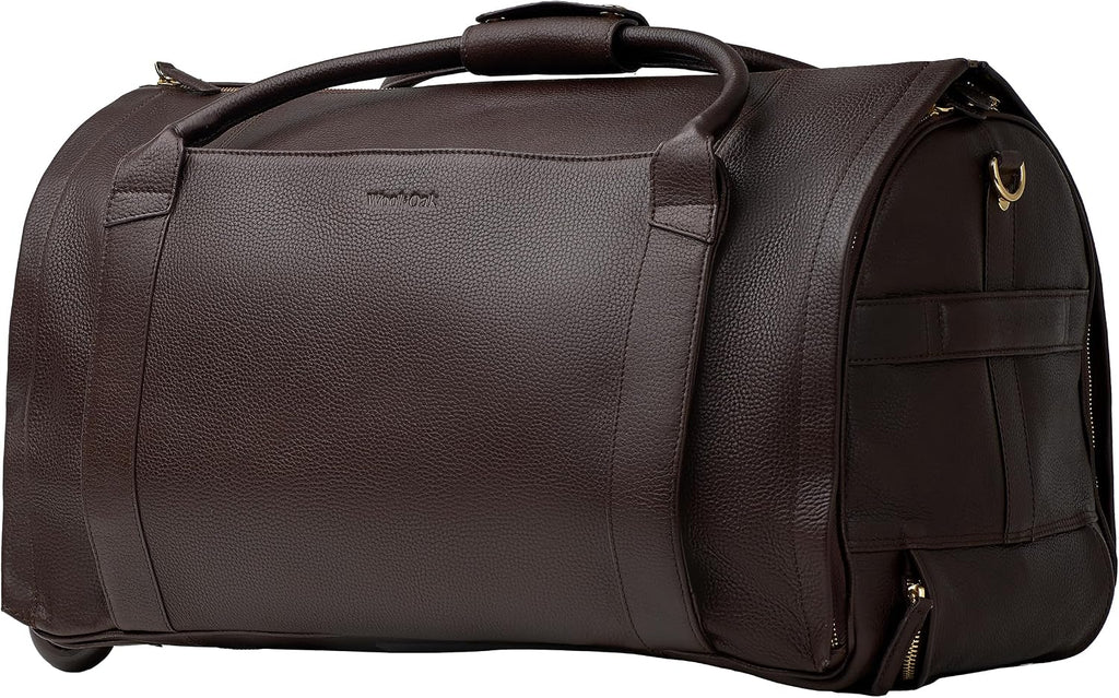 Wool & Oak - NOVA Large Duffle Bag with Wheels - Carry On Garment Duffle Bags for Travel, Overnight, Hospital, Travel Bags for Women & Men with Shoe Compartment & Tech Pocket (Leather, Chocolate)