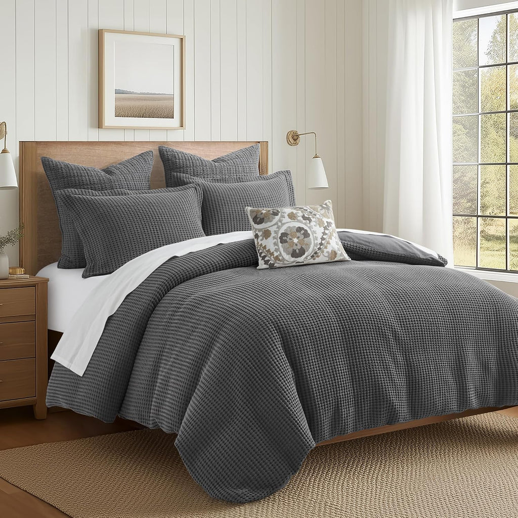Levtex Home Mills Waffle King Duvet Cover Set (106x94in) with 2 Pillow Shams (36x20in) - Charcoal - Cotton King Size Duvet Cover Set - Soft, Pre-Washed