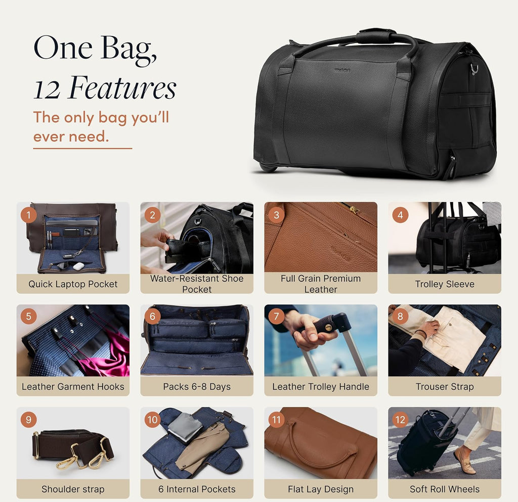 Wool & Oak - NOVA Large Duffle Bag with Wheels - Carry On Garment Duffle Bags for Travel, Overnight, & Hospital - Travel Bags for Women & Men with Shoe Compartment, Tech Pocket (Leather, Jet Black)