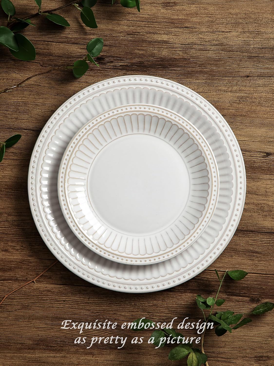Famiware Garden 18-Piece Embossed Plates and Bowls Sets, Stoneware Reactive Glaze Dishes Dinnerware Set, Modern Rustic, Chip & Scratch Resistant, Microwave & Dishwasher Safe, Service for 6, White