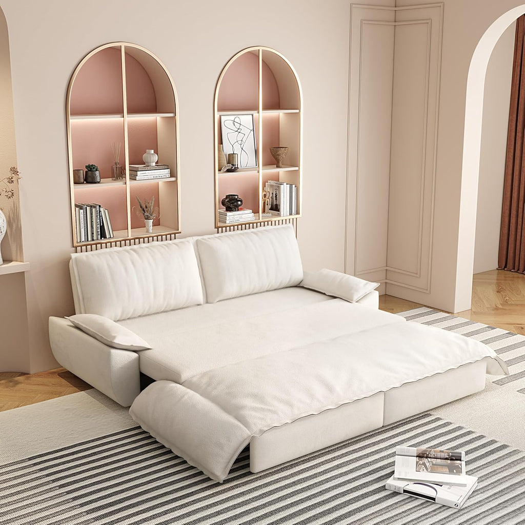 WILLIAMSPACE 73.2' Queen Pull Out Sofa Bed, 3-in-1 Velvet Convertible Sleeper Sofa Couch with 2 Soft Pillows, Multi-Functional Loveseat Bed Pull Out Couch for Living Room, Apartment (Beige)