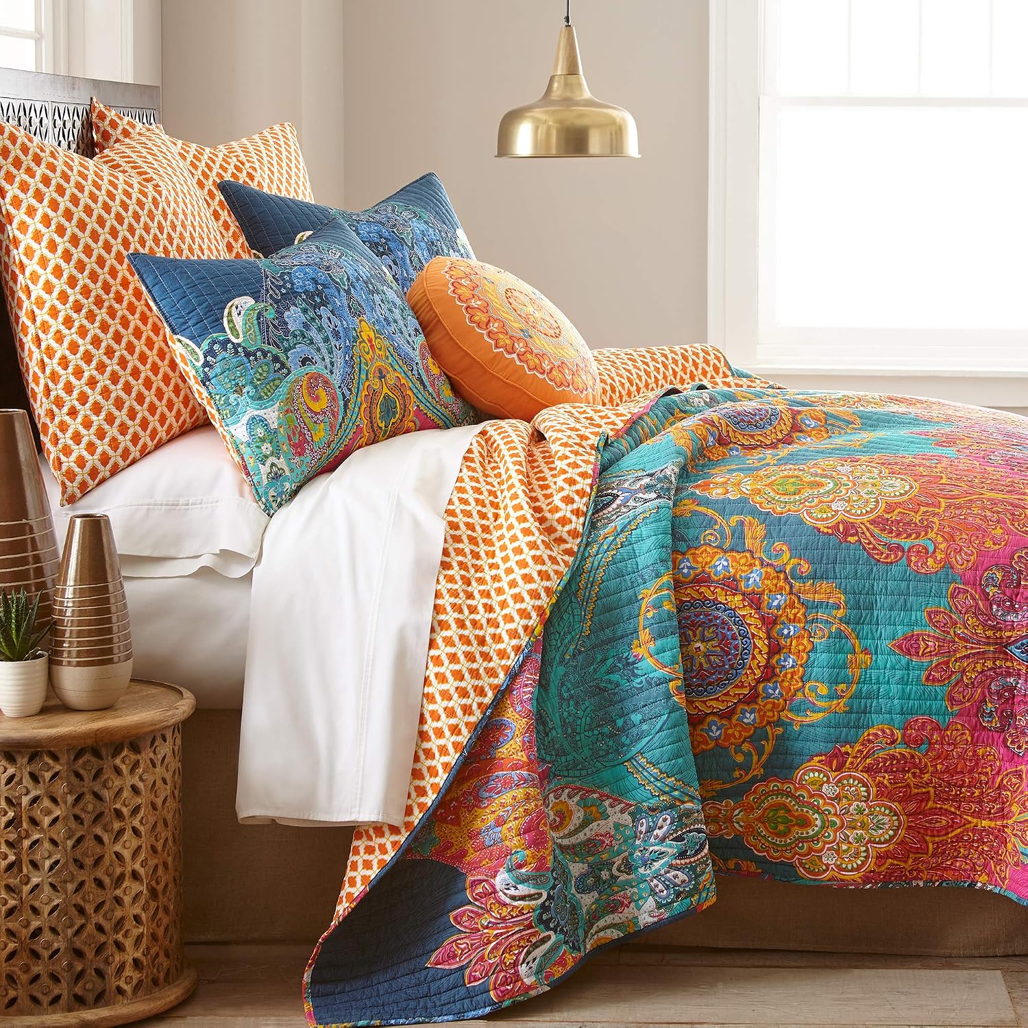 Levtex Home - Mackenzie Quilt Set - Full/Queen Quilt (88x92in.) + Two Standard Pillow Shams (26x20in.) - Bohemian - Teal, Orange, Yellow, Green, Blue - Reversible - Cotton