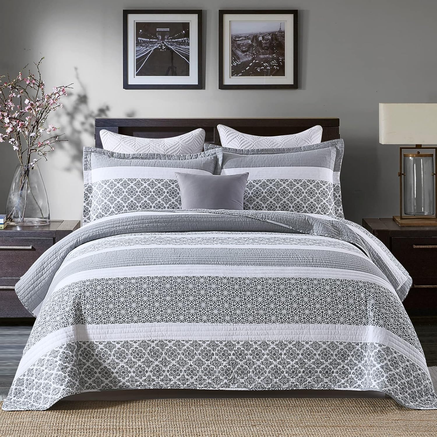 King Size Quilt Set - King Quilted Bedspread Sets, 100% Cotton Quilt, King Bed Spread Bedding Set, 3 Pieces Floral Striped Reversible Lightweight Comforter, Bluish Grey