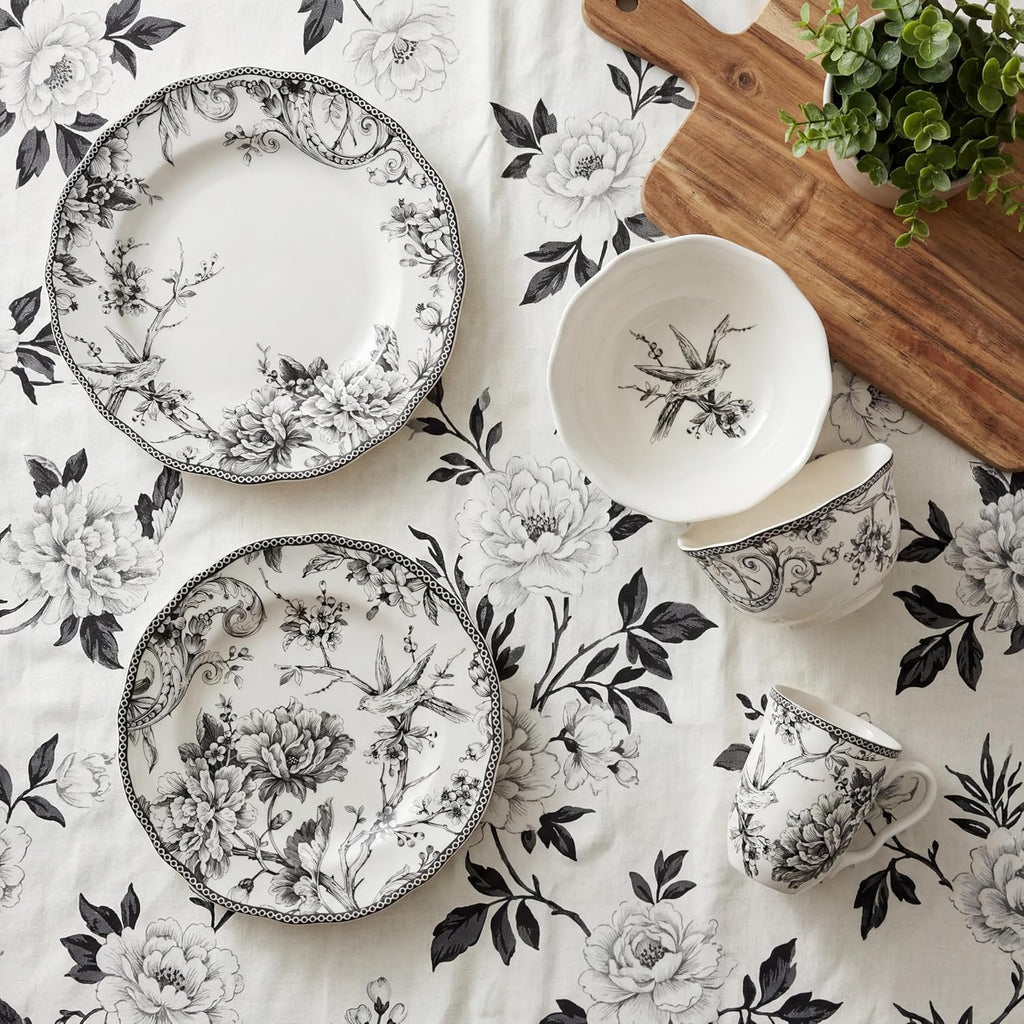 222 Fifth Adelaide 16-Piece Black Porcelain Dinnerware Set – Service for 4, Featuring Hand-Applied Romantic Woodland Bird Design, Everyday Big Dinner Plates and Bowls Sets, Microwave & Dishwasher Safe