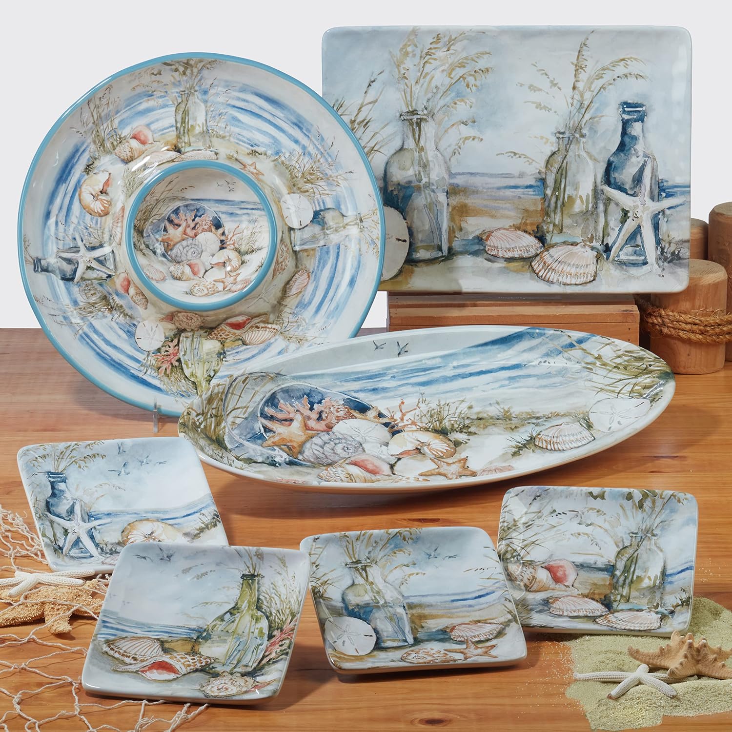 Coastal Landscape 16 Piece Ceramic Dinnerware Set – Service for 4 with Beach-Themed Dinner Plates, Salad Plates, Bowls & Mugs – Ocean-Inspired Tableware for Everyday or Coastal Entertaining