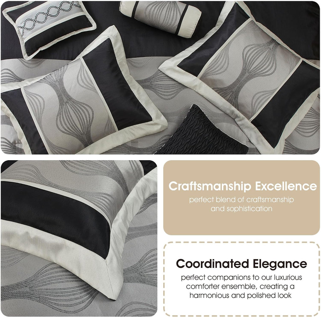 Grand Avenue Elegant Black and Silver Comforter Set California King Size, Striped, 7 Pieces Bedding & Collection, Jacquard All Season Comforter & Pillows, Ultra-Soft Microfiber