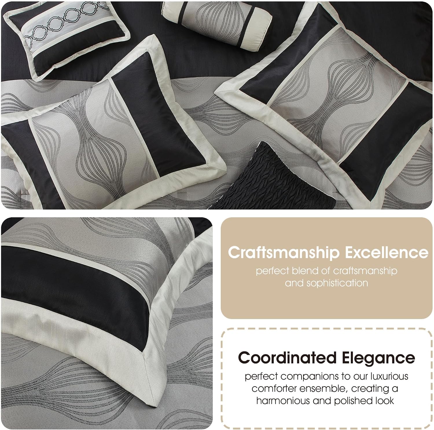 Grand Avenue Elegant Black and Silver Comforter Set California King Size, Striped, 7 Pieces Bedding & Collection, Jacquard All Season Comforter & Pillows, Ultra-Soft Microfiber