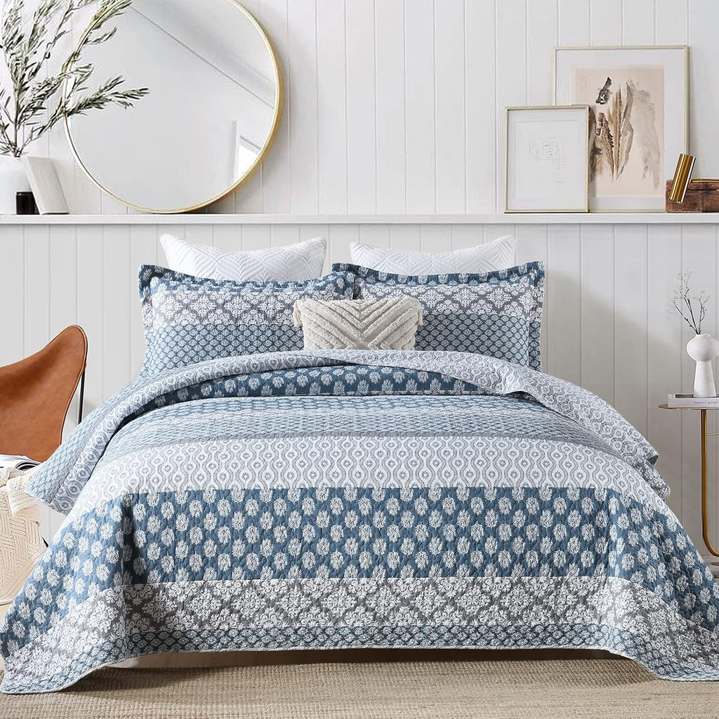 SahSahCasa Quilt King Size, King Quilt Set, 100% Cotton Floral Quilt, King Quilt Bedding Set Bedspreads, Patchwork Reversible Lightweight Comforter Bed Spread for All Season, Blue/Gray, 3 Pieces
