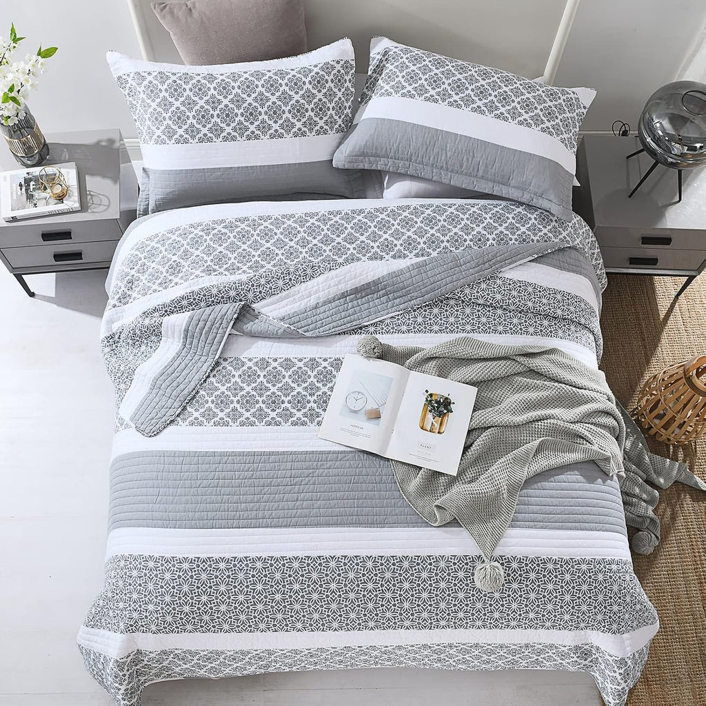 SahSahCasa Quilt King Size, King Quilt Set, 100% Cotton King Quilt Bedding Set Bedspreads, Reversible Lightweight Floral Patchwork Quilts Bedspread for King Bed, Bluish Grey, for All Season, 3-Piece