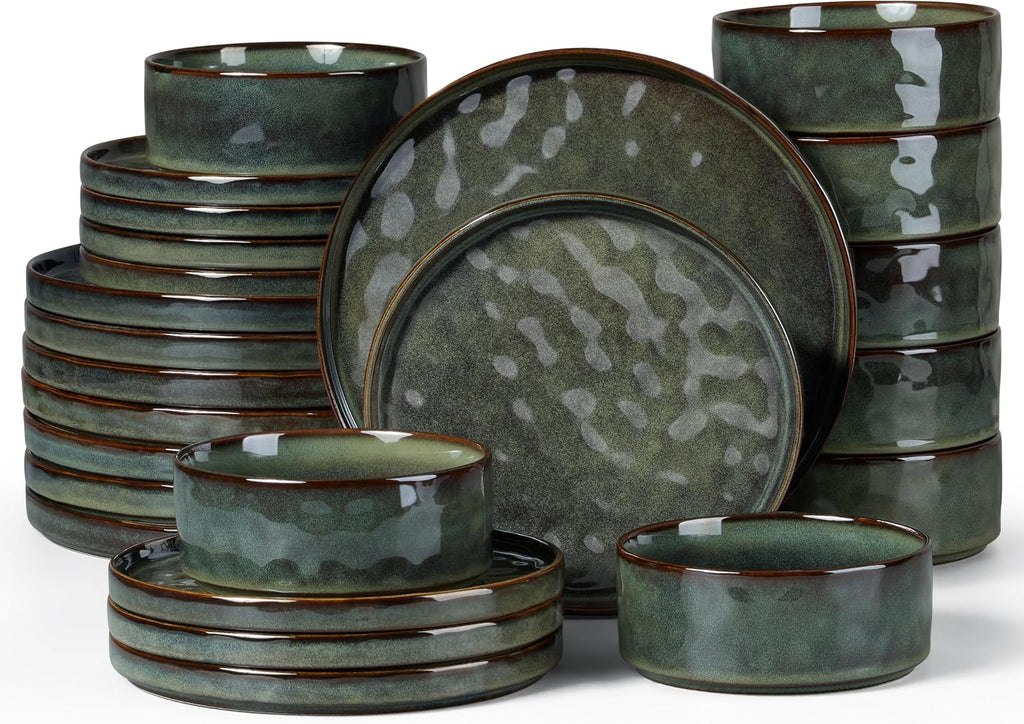 LIANYU Stoneware Dinnerware Dishes Sets for 8, 24 Piece Plates and Bowls Dishware Set, Ceramic Dinning Ware Includes Dinner Salad Plates, Cereal Bowls, Chip & Scratch Resistant,Moss Green