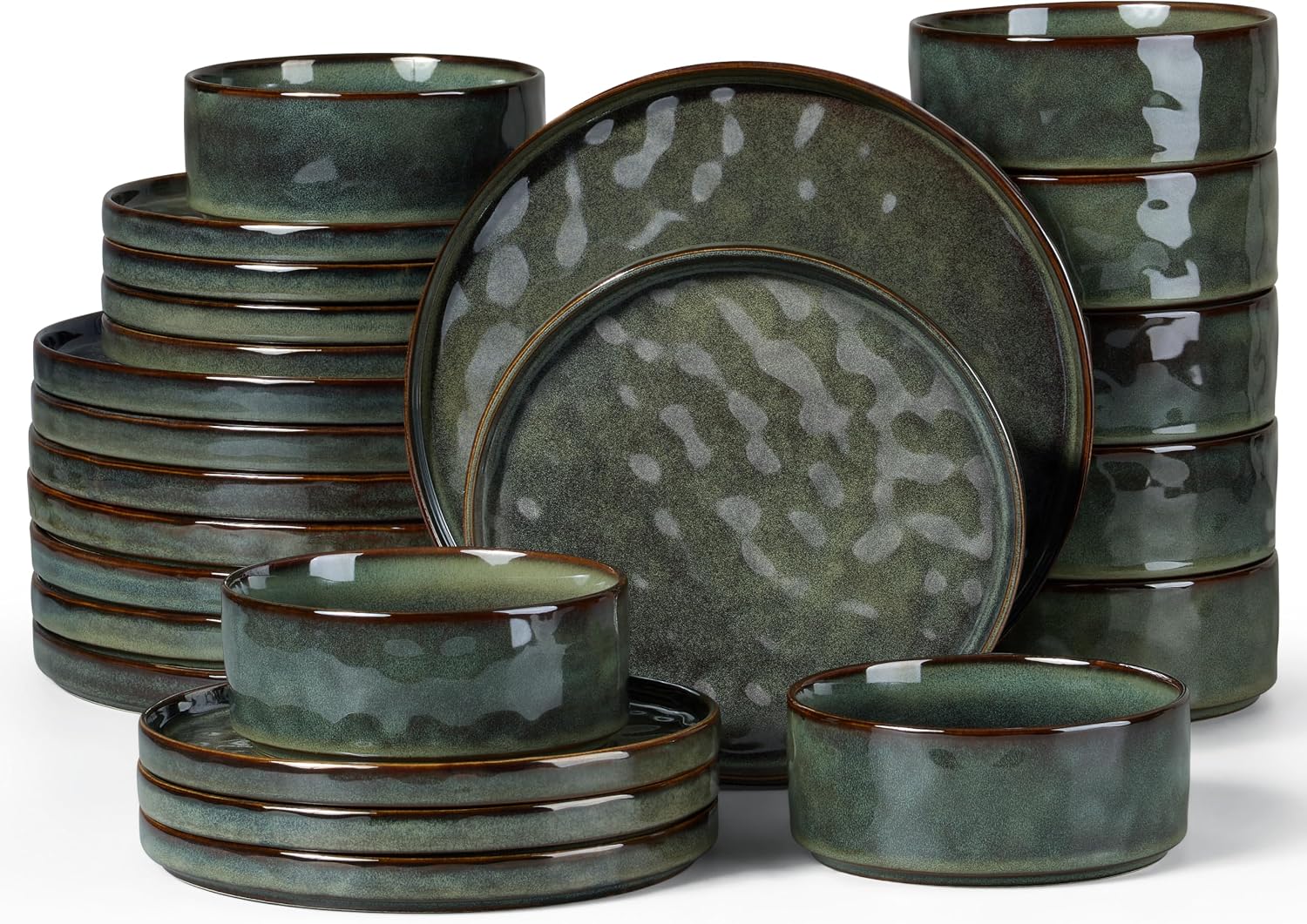 LIANYU Stoneware Dinnerware Dishes Sets for 8, 24 Piece Plates and Bowls Dishware Set, Ceramic Dinning Ware Includes Dinner Salad Plates, Cereal Bowls, Chip & Scratch Resistant,Moss Green