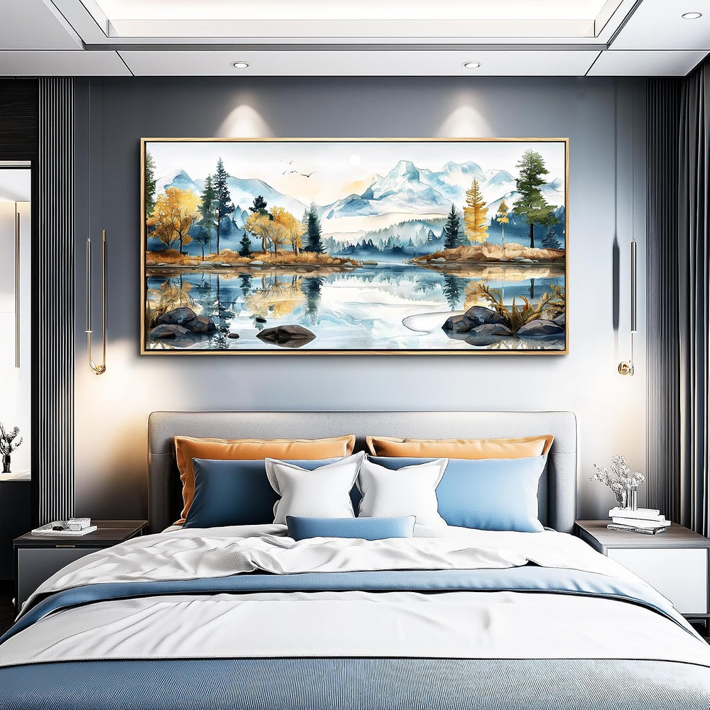 ERQINHUA Large Canvas Wood Framed Abstract Wall Art Living Room Wall Decor for Bedroom Office Decoration Watercolour Paint Tree Lakeside Landscapes Picture Artwork Home Decor Ready to Hang 30x60 In