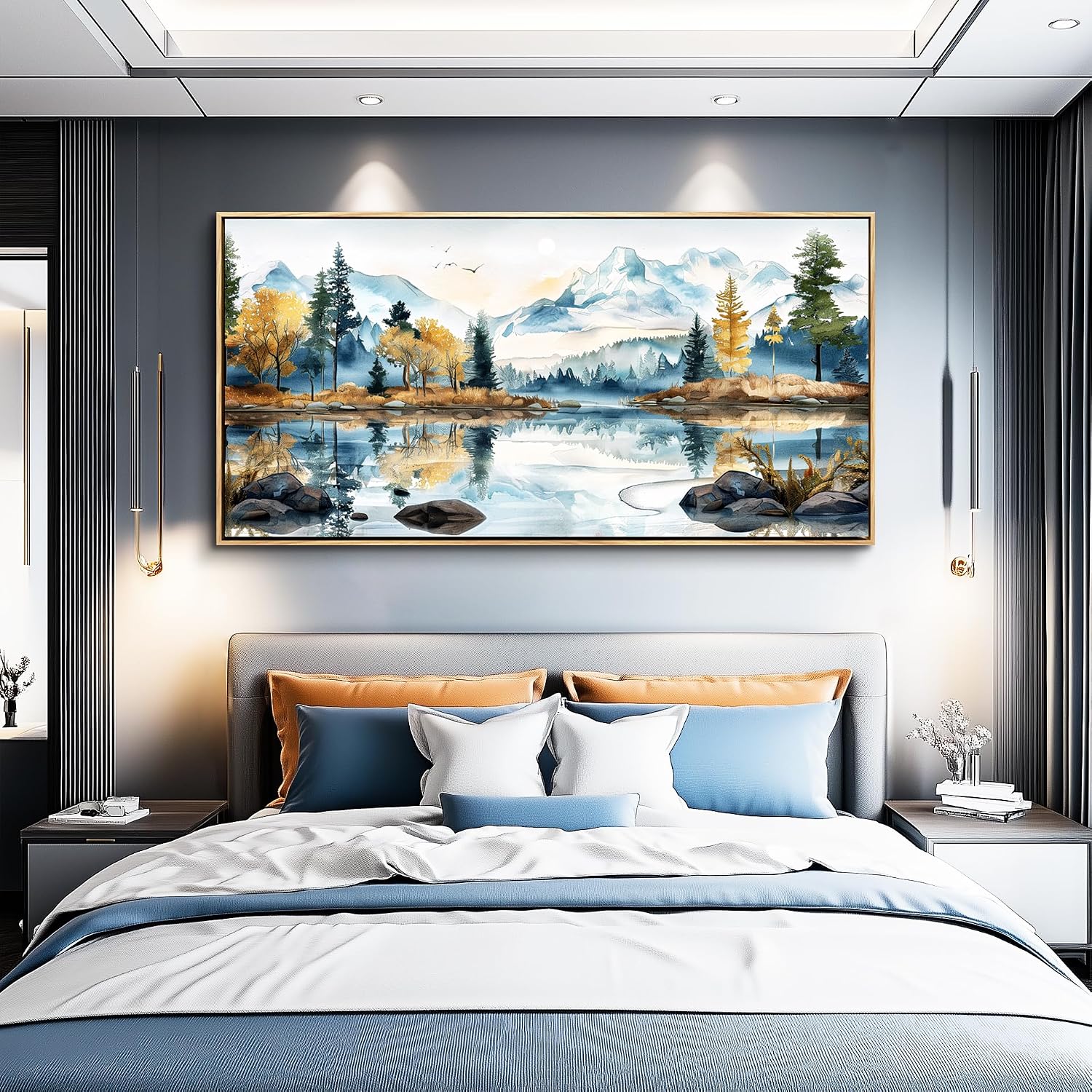 ERQINHUA Large Canvas Wood Framed Abstract Wall Art Living Room Wall Decor for Bedroom Office Decoration Watercolour Paint Tree Lakeside Landscapes Picture Artwork Home Decor Ready to Hang 30x60 In