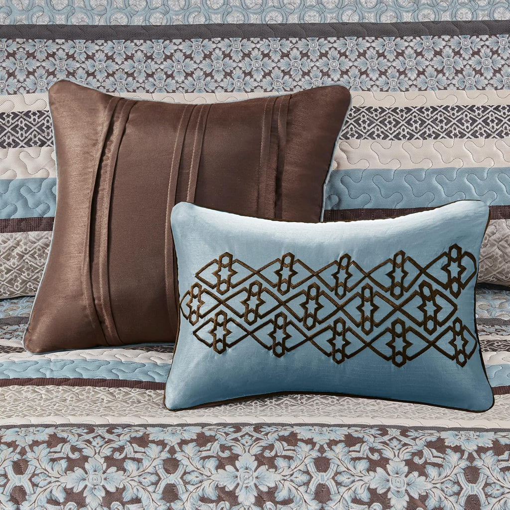 Madison Park Princeton Reversible Quilted Bedspread Set, Solid Reverse Summer Breathable, Lightweight All Season Bedding Layer, Matching Shams, Bedspread Queen(102'x118'), Blue 5 Piece