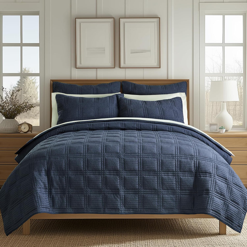 Levtex Home Cloud Waffle Twin XL/Twin Quilt Set (68x86in) with 1 Pillow Sham (26x20in) - Box Quilted Waffle Cotton Texture - Navy - Cotton Twin Size Quilt Bedding Set - Lightweight, Soft, Pre-Washed