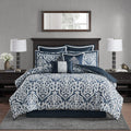 Madison Park Odette Cozy Comforter Set Jacquard Damask Medallion Design - Modern All Season, Down Alternative Bedding, Shams, Decorative Pillows, Cal King(104 in x 92 in), Navy 8 Piece