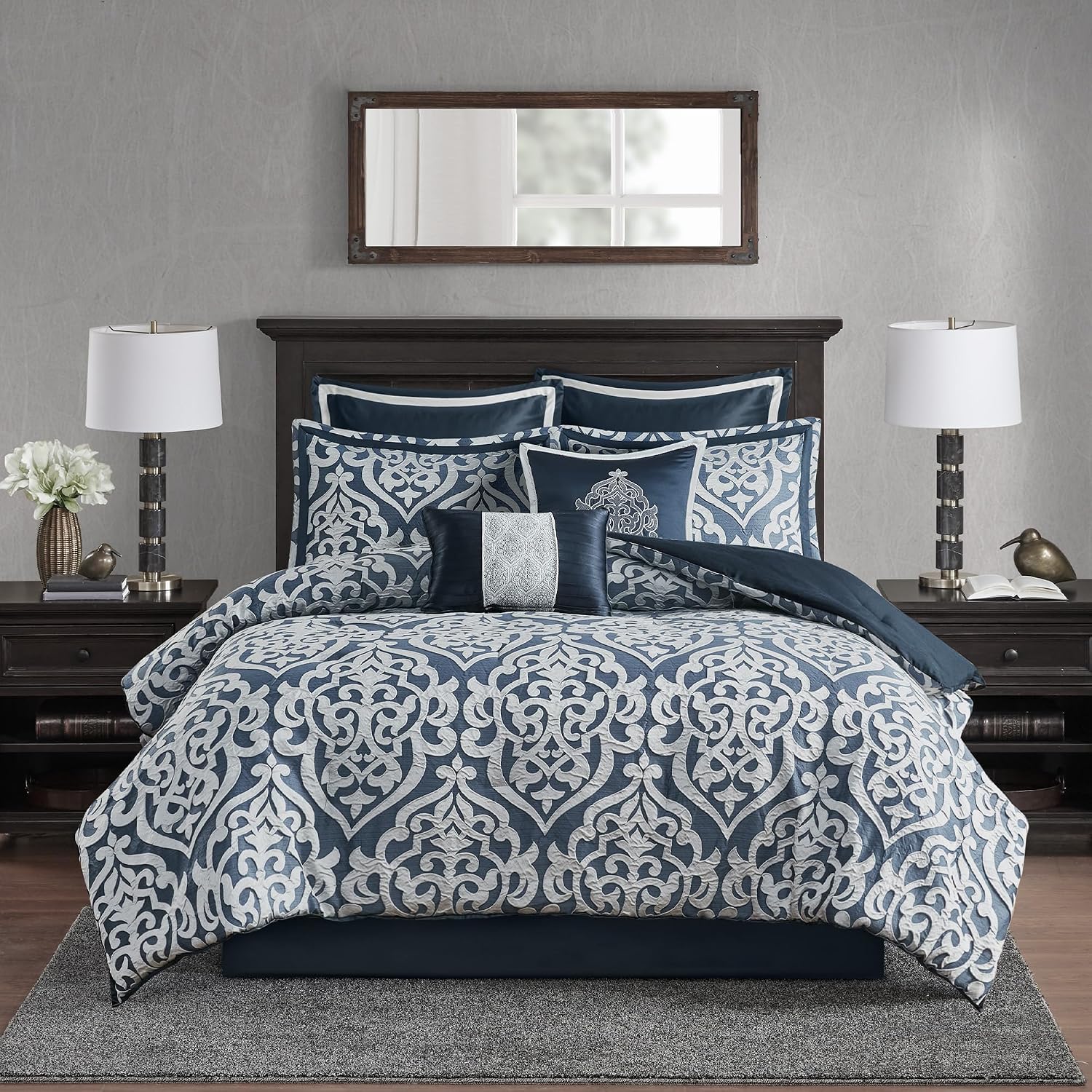 Madison Park Odette Cozy Comforter Set Jacquard Damask Medallion Design - Modern All Season, Down Alternative Bedding, Shams, Decorative Pillows, Cal King(104 in x 92 in), Navy 8 Piece
