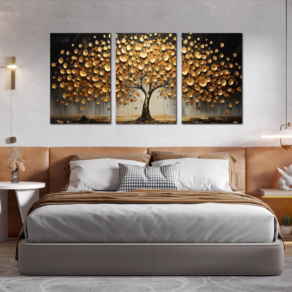 Gold Tree Wall Decor for Living Room Tree of Life Canvas Wall Art for Office Large Bedroom Decor Above Bed 24 x 36 Inch x 3 Pieces