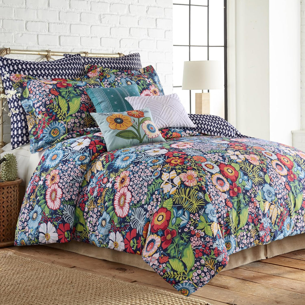 Levtex Home - Night Garden Duvet Set - Full/Queen Duvet Cover (90x94in.) and 2 Standard Shams (20x26in.) - Floral Design - Reversible Geometric Back - Cotton Front and Back - Button Closure