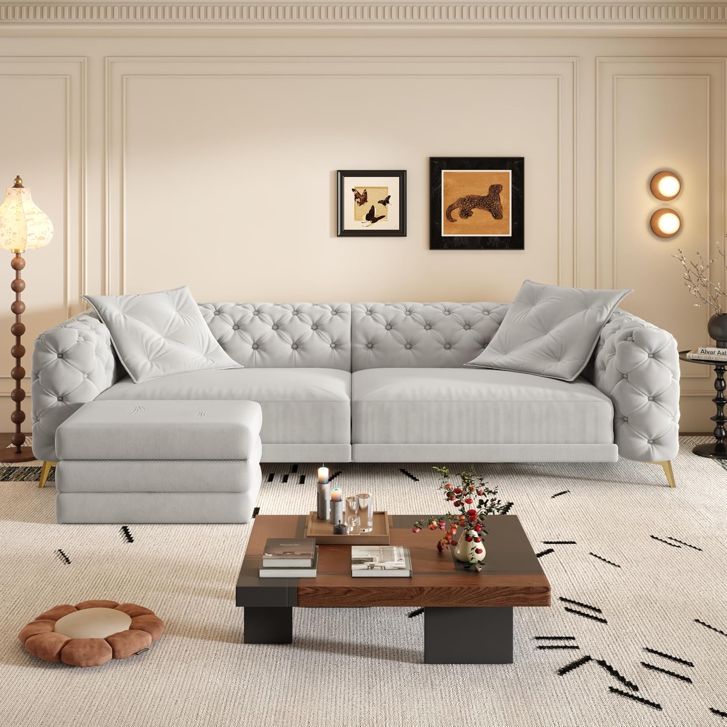WILLIAMSPACE 97.7' 3-in-1 Convertible Sleeper Sofa Bed, Modern Button Tufted 28.4' Deep Seat Pull Out Couch Bed with Movable Ottoman, Multi-Functional 4-Seater Couch for Living Room, Velvet - Grey