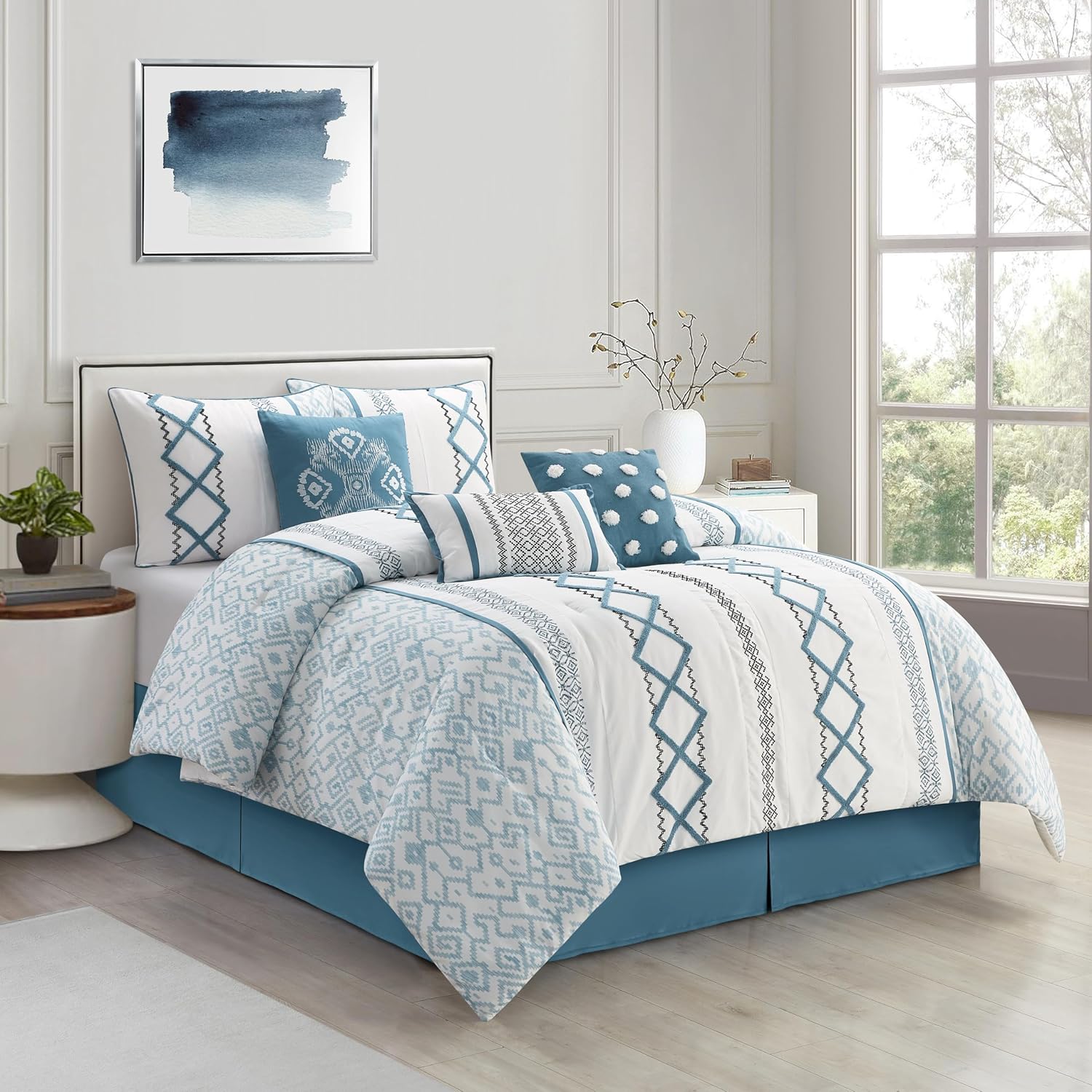 Grand Avenue Blue Comforter Set California King Size, 7 Piece Terry Embroidery All Season Bedding Set, Bedskirt, Pillows & Shams